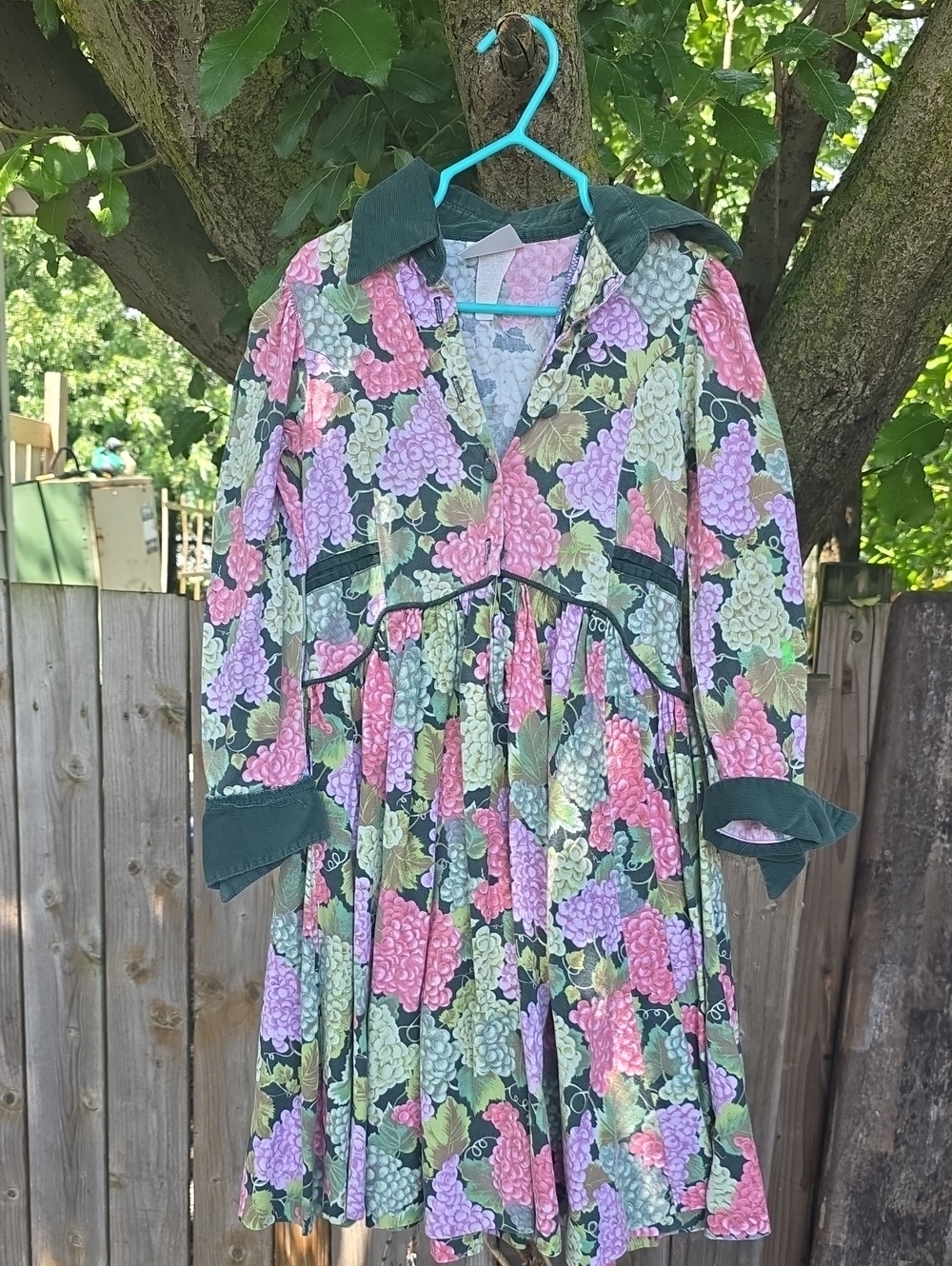 100% Cotton Grapes And Floral Pleated Dress with Green Trim